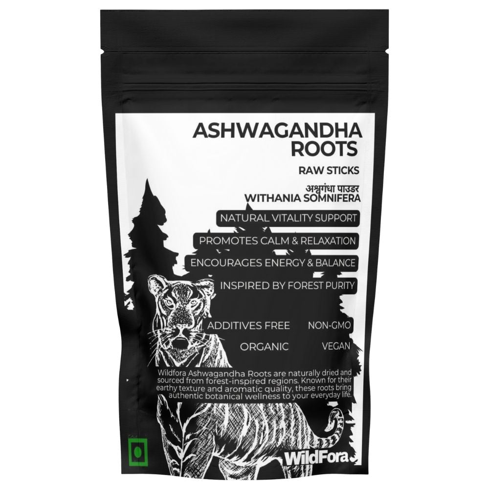 Ashwagandha roots, Wildfora Ashwagandha, Withania somnifera roots, natural adaptogen herb, herbal roots, herbal raw sticks, forest-inspired herbs, Indian ginseng roots, botanical root powder, herbal vitality product