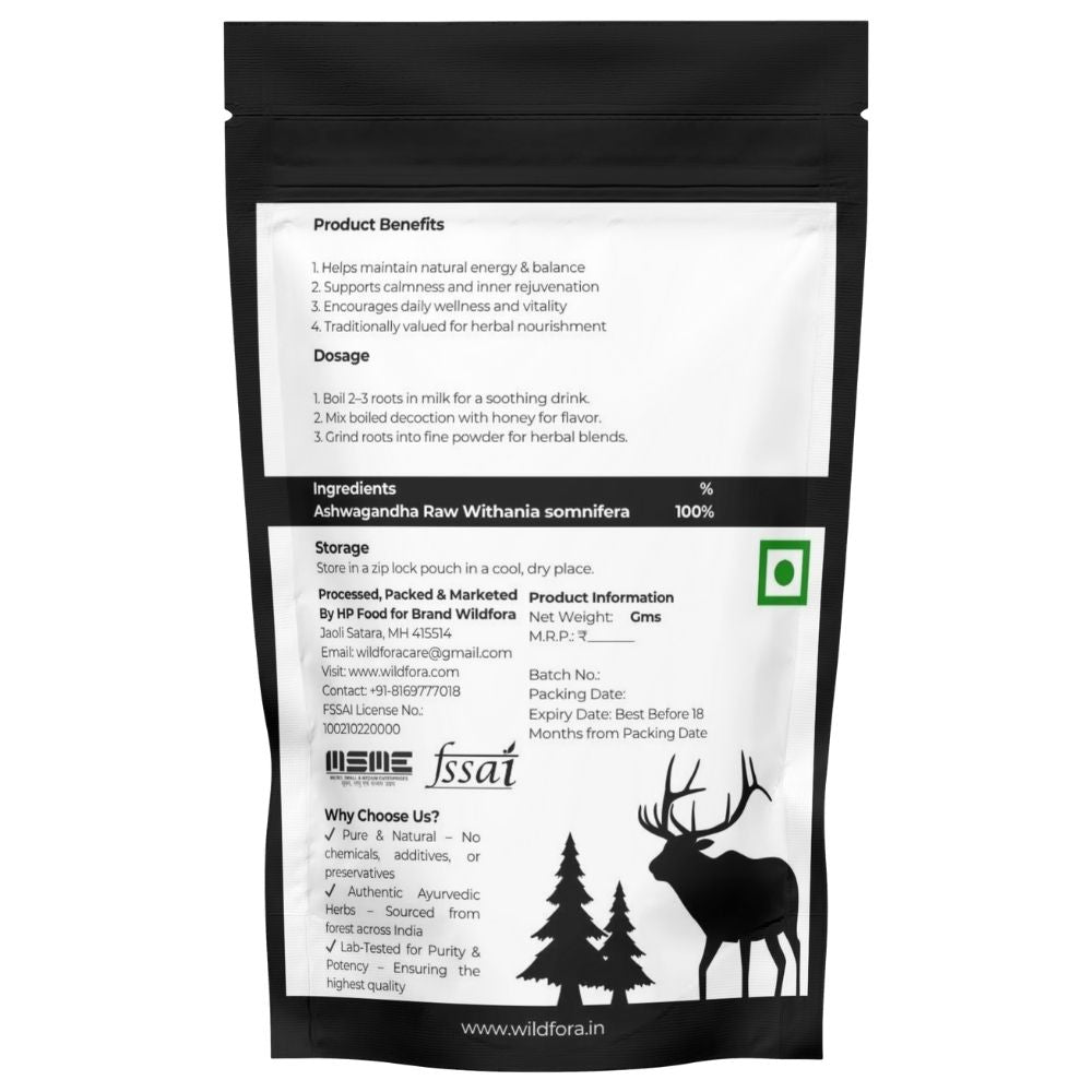 Ashwagandha roots, Wildfora Ashwagandha, Withania somnifera roots, natural adaptogen herb, herbal roots, herbal raw sticks, forest-inspired herbs, Indian ginseng roots, botanical root powder, herbal vitality product