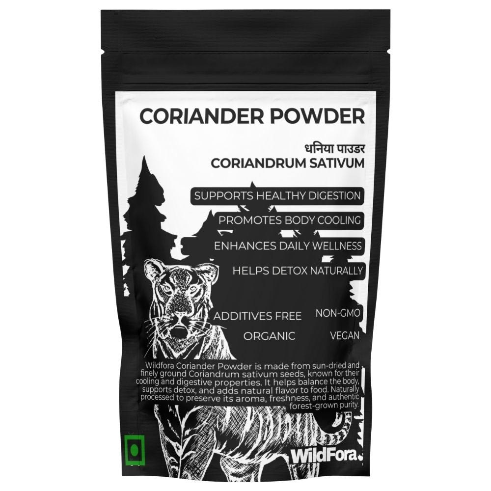 Wildfora Coriander Powder, Dhania Powder, Coriandrum sativum Powder, Natural Coriander Spice, Herbal Coriander Powder, Wildfora Herbal Product, Wild Dhania Powder, Wildfora Forest Spice, Coriander Seed Powder, Dhaniya Churna, Natural Forest Product, Forest-Grown Coriander Powder, Organic Coriander, Wildfora Forest Product.