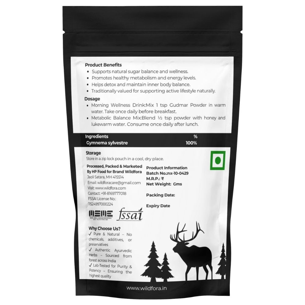 Wildfora Gudmar Powder, Gurmar Churna, गुडमार पावडर, Madhunashni Powder, Gymnema Sylvestre, Herbal Gudmar Leaf Powder, Natural Gymnema Leaf Powder, Wildforest Herbal Product, Wildfora Herbal Powder, Organic Gymnema Sylvestre, Forest Gudmar Product, Wildfora Natural Product, Gurmar Powder India, Herbal Leaf Churna, Natural Gudmar Extract Powder.