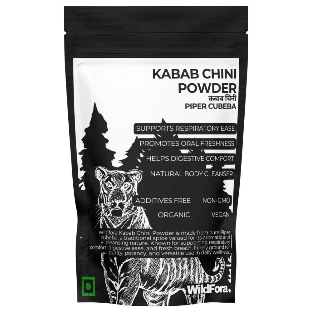 Kabab Chini Powder, also known as Kabab Chini (कबाब चिनी), Kankol (कंकोल), Java Pepper, Habbe Kabab (Urdu), Valmilagu (Tamil), and Kebabcheeni (Kannada), is a natural herbal powder made from Piper cubeba.