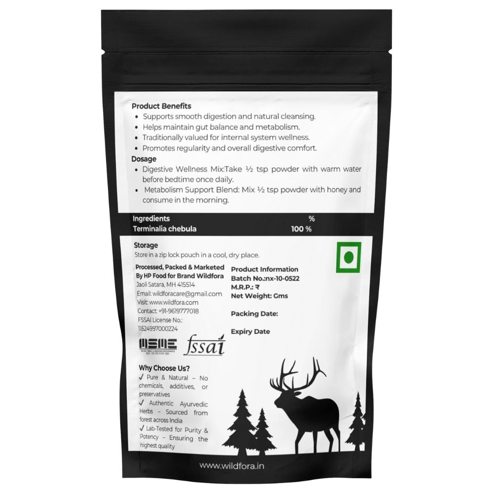 Kali Harad Without Seeds Powder, Black Himej Powder, Terminalia Chebula Powder, Myrobalan Powder, Kali Harad Seedless, Wildfora Kali Harad Powder, Natural Herbal Harad Powder, Haritaki Powder.