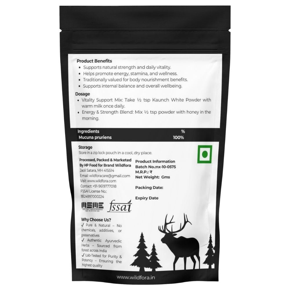 Kaunch Seeds White Powder, Kauch Beej Safed Powder, Konch Seeds Powder, White Kaunch Powder, Mucuna Pruriens Seed Powder, Herbal Kaunch Powder, Wildfora Kaunch Seeds Powder.