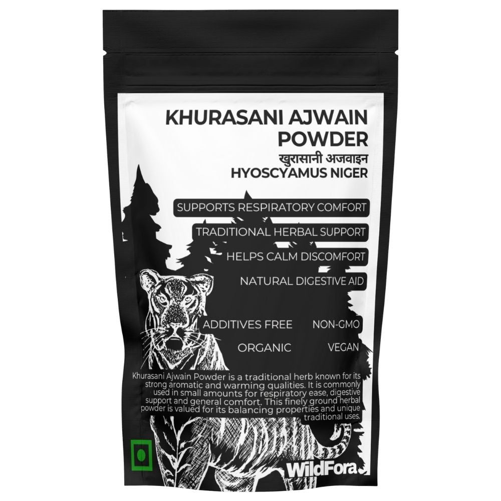 Khurasani Ajwain Powder, Khursani Ajwain Churna, Hyoscyamus niger powder, Black Henbane Seeds Powder, Parasika Yavani Powder, Wildfora Khurasani Ajwain, Natural Ajwain Seed Powder.