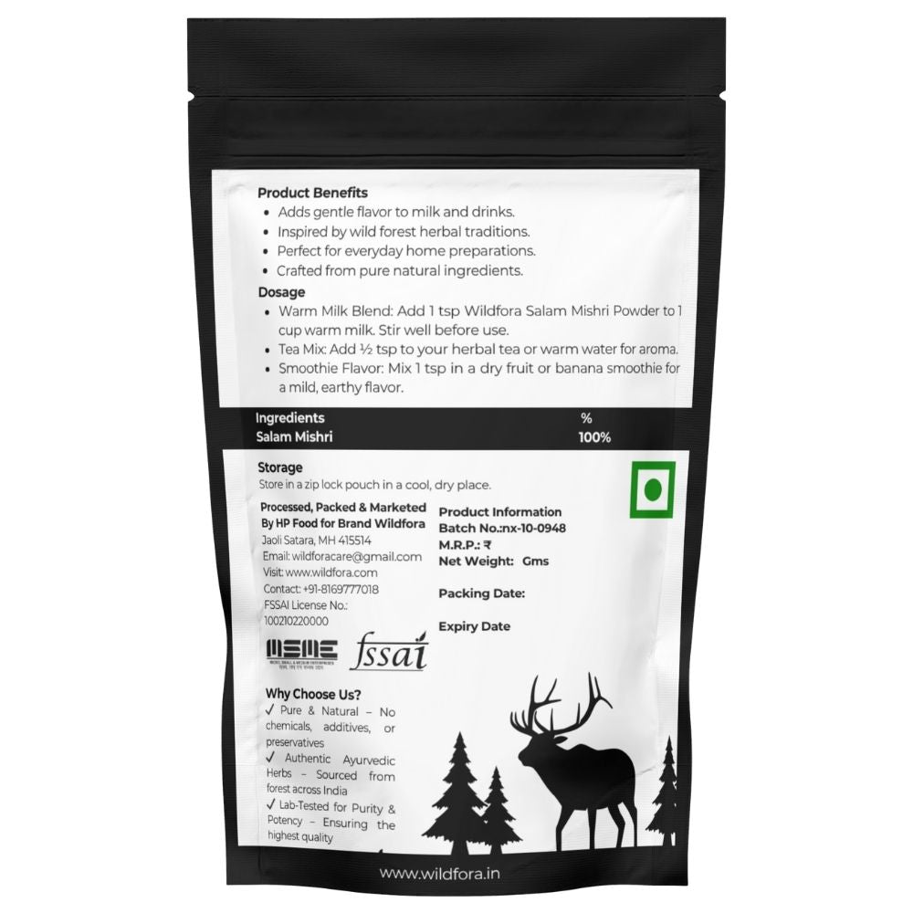 Salam Mishri Powder, Salab Misri Churna, Salap Mishri Powder, Orchis latifolia Powder, सलाम मिश्री चूर्ण, Wildfora Salam Mishri Powder, Wildfora Salab Misri Churna, Wildfora Salap Mishri, Orchis Powder, natural herbal powder, traditional churna, herbal inspired powder, forest-based churna, wild forest product