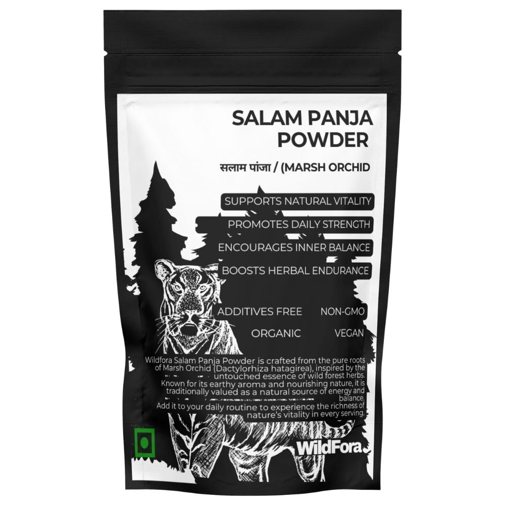 Salam Panja Powder, Salab Punja Powder, सलाम पांजा, Salam Panja Churna, Marsh Orchid Powder, Orchis Powder, Wildfora Salam Panja, Wildfora Salab Punja, wild forest herbal powder, Orchis latifolia powder, traditional orchid root powder, herbal inspired blend