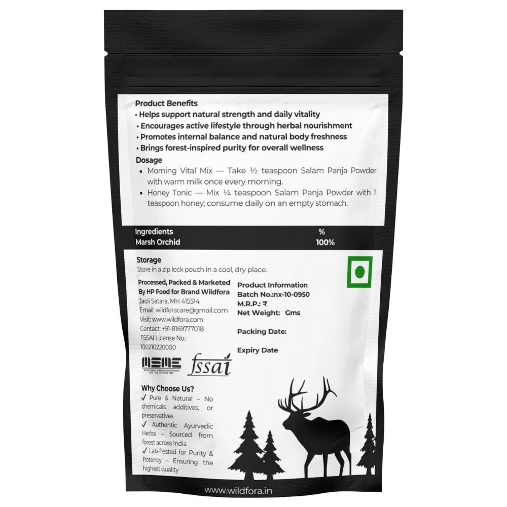 Salam Panja Powder, Salab Punja Powder, सलाम पांजा, Salam Panja Churna, Marsh Orchid Powder, Orchis Powder, Wildfora Salam Panja, Wildfora Salab Punja, wild forest herbal powder, Orchis latifolia powder, traditional orchid root powder, herbal inspired blend